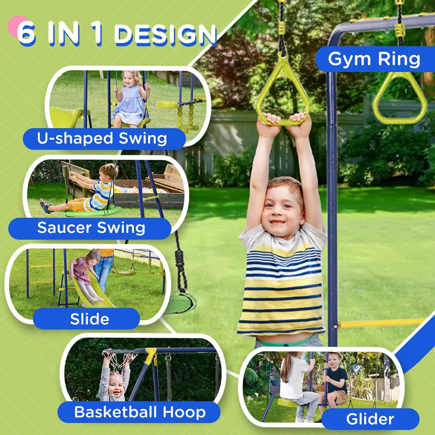 Metal Swing Set for Backyard with Saucer Swing, Glider, Slide, Gym Rings, Basketball Hoop, Heavy Duty A-Frame Stand, Aged 3-12 Years Old - Gallery Canada