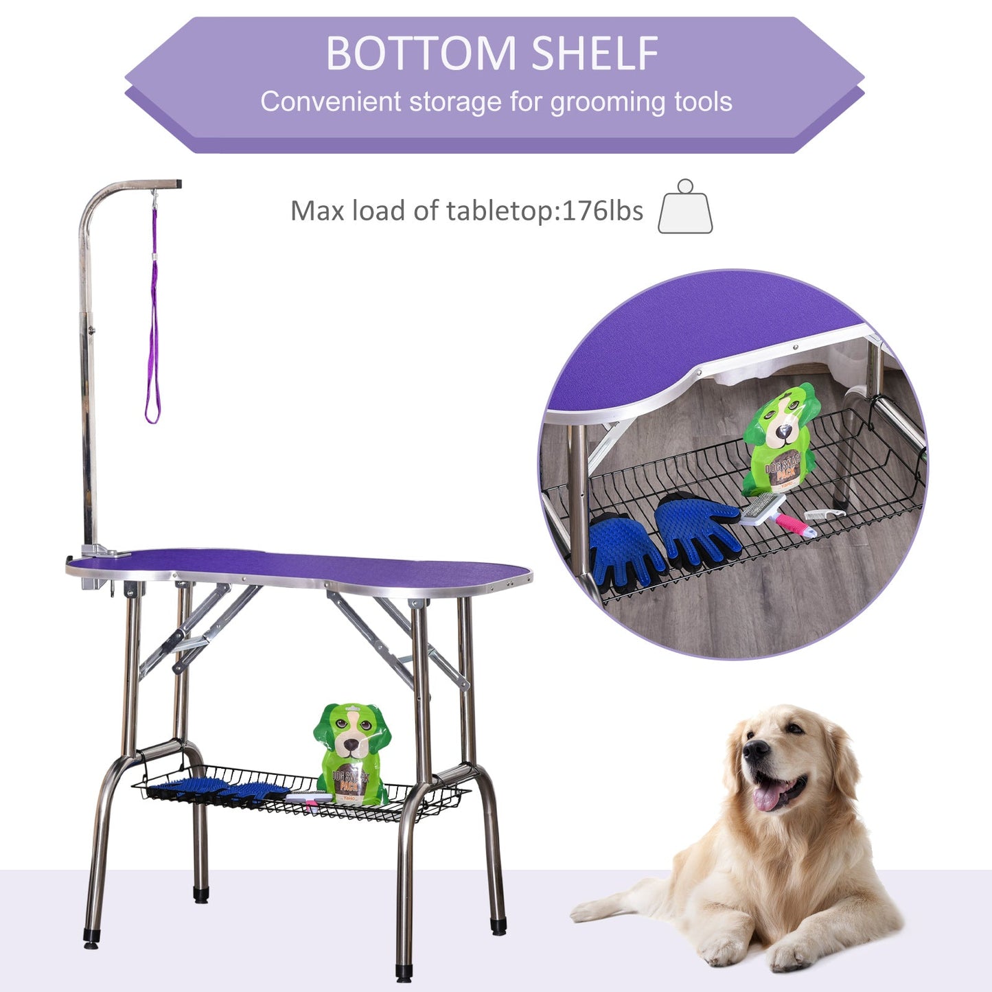 Foldable 37" Pet Grooming Table with Adjustable Arm and Non-Slip Top, Purple Dog Grooming Tables   at Gallery Canada