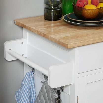 Rolling Kitchen Island with Storage, Kitchen Cart with Rubber Wood Top, Adjustable Shelf, Towel Rack, Hooks and Storage Drawers, White Kitchen Islands & Kitchen Carts   at Gallery Canada