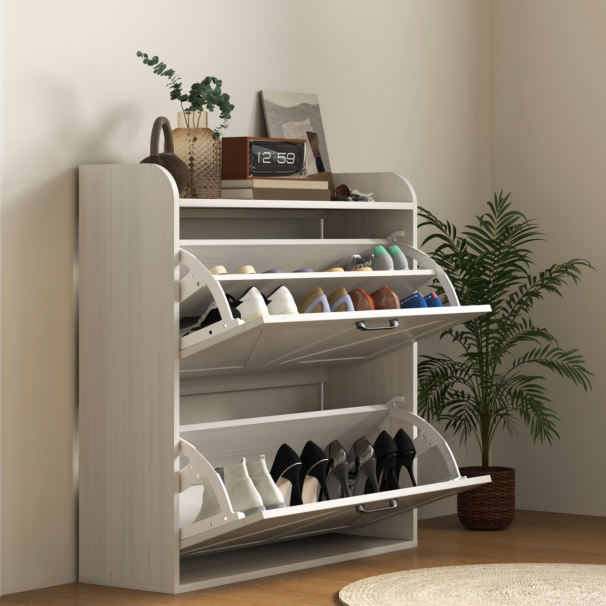 Narrow Shoe Storage Cabinet, Farmhouse Slim Shoe Cabinet with 2 Flip Drawers, Adjustable Shelves, White Oak Shoe Storage Cabinets & Racks at Gallery Canada