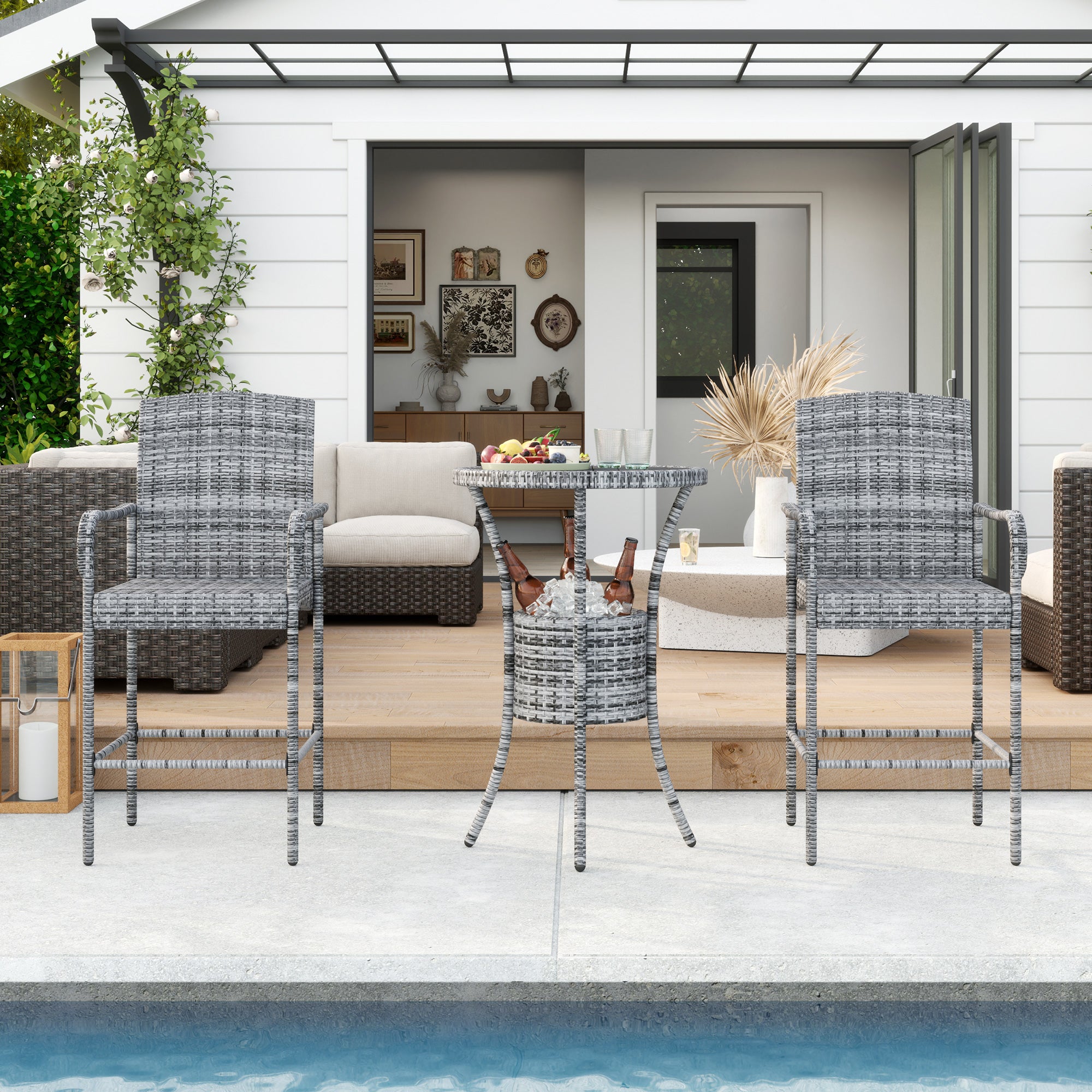 3 Pieces Patio Bar Set, Rattan Bistro Table and Chairs, Outdoor Conversation Furniture Set with Ice Bucket, Mixed Grey Bistro Sets at Gallery Canada