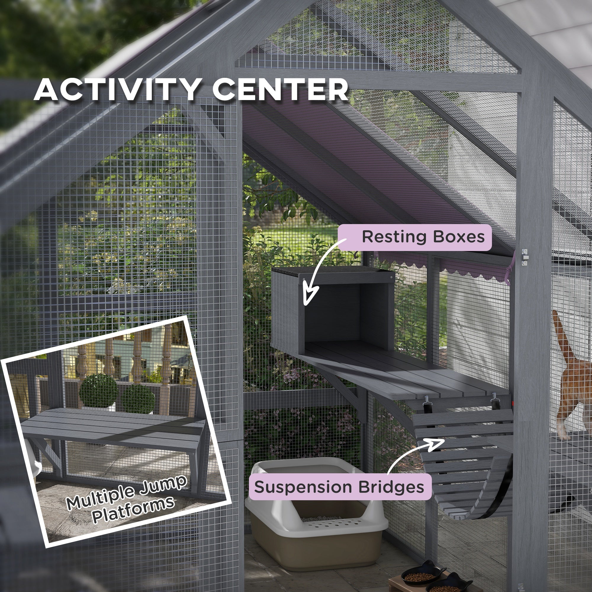Outdoor Cat Enclosure Wooden Feral Cat House w/ Weatherproof Canopy, Bridges, Resting Boxes, Platforms, for 3-6 Cats Outdoor Cat Enclosures at Gallery Canada