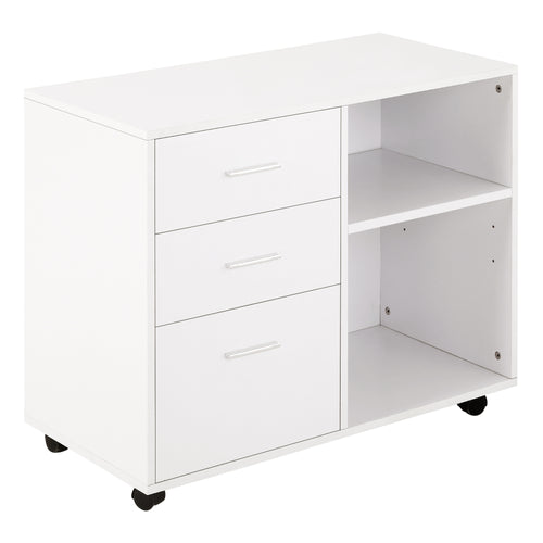 Modern Lateral Filing Cabinet, 3 Drawer File Cabinet for Letter and A4 Size Documents, Mobile, Printer Stand with Open Shelves, Rolling Wheels, White