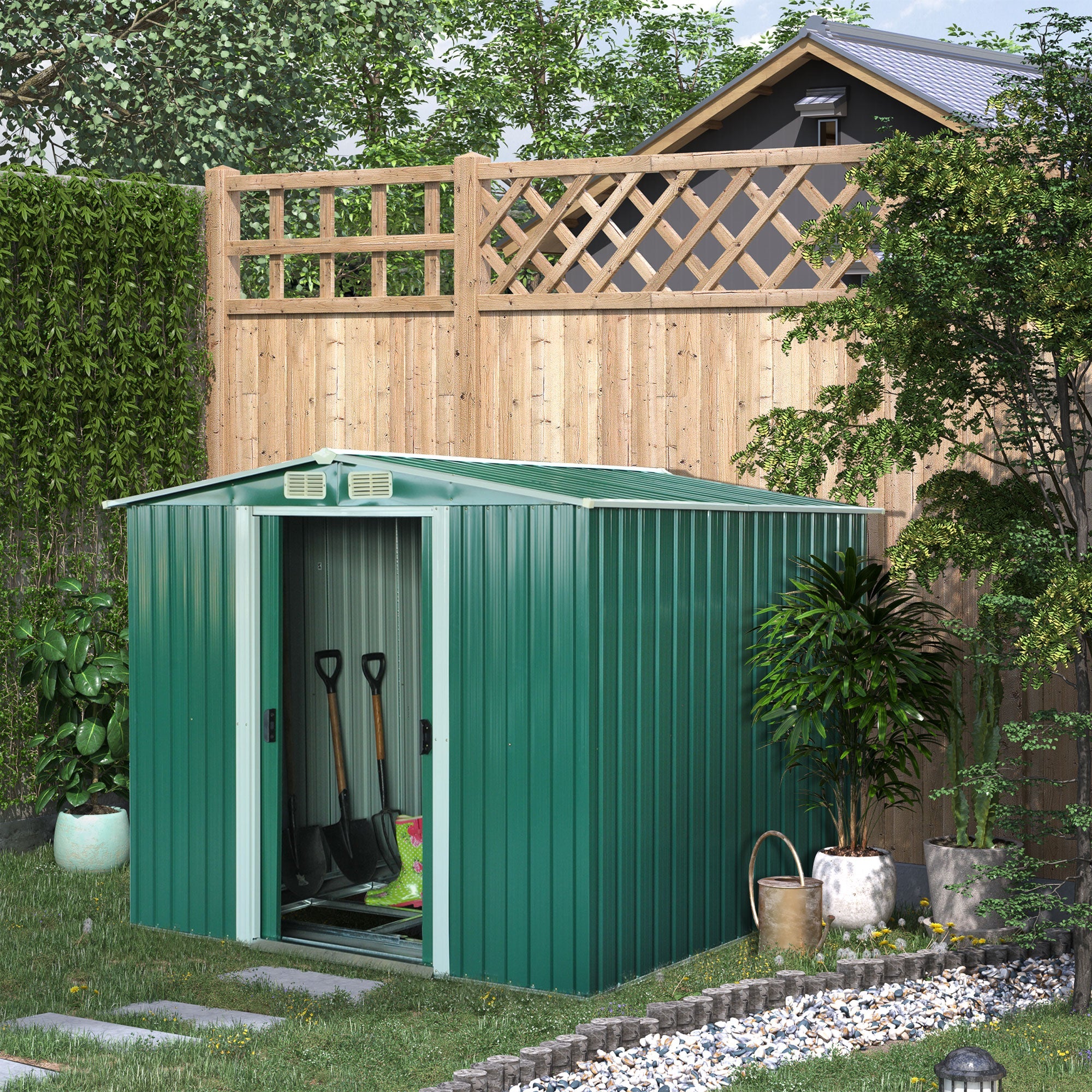 8.5' x 6.8' x 5.8' Practical Backyard Garden Storage Tool Shed Double Sliding Door 4 Ventilation Slots, Green Sheds   at Gallery Canada