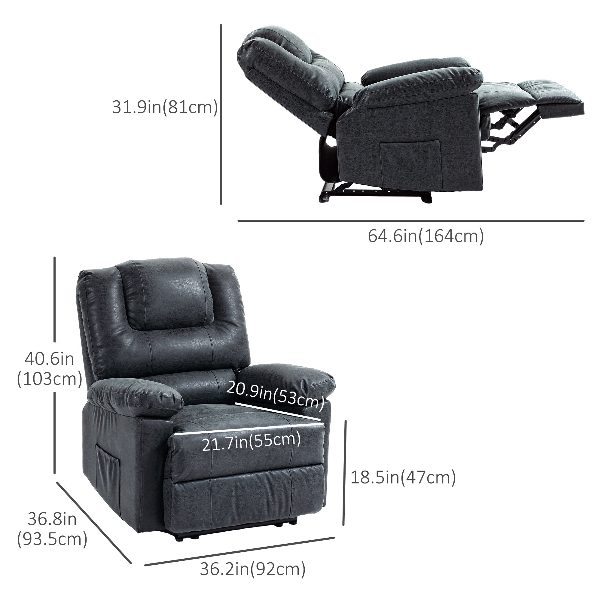 PU Leather Reclining Chair, Manual Recliner Chair for Living Room with Footrest, 2 Side Pockets, Steel Frame, Black Single Sofas   at Gallery Canada