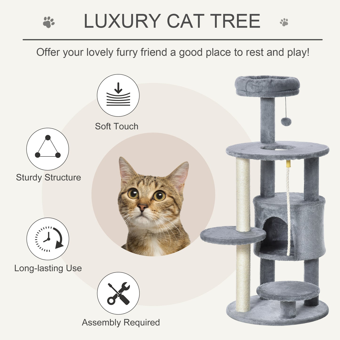 41" Cat Tree Tower Activity Center with Condo, Scratching Posts and Hanging Toys, Dark Grey Cat Towers   at Gallery Canada