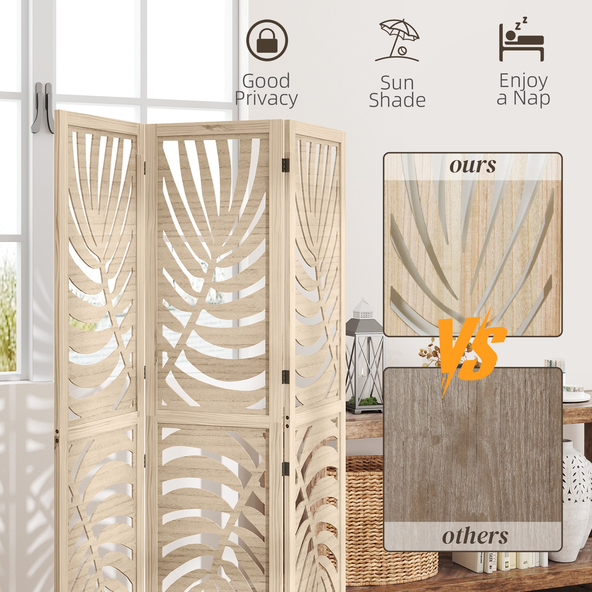 3 Panel Room Divider, Detachable Folding Privacy Screens with Palm Leaf Design for Home Office, Natural Wood Finish Room Dividers at Gallery Canada