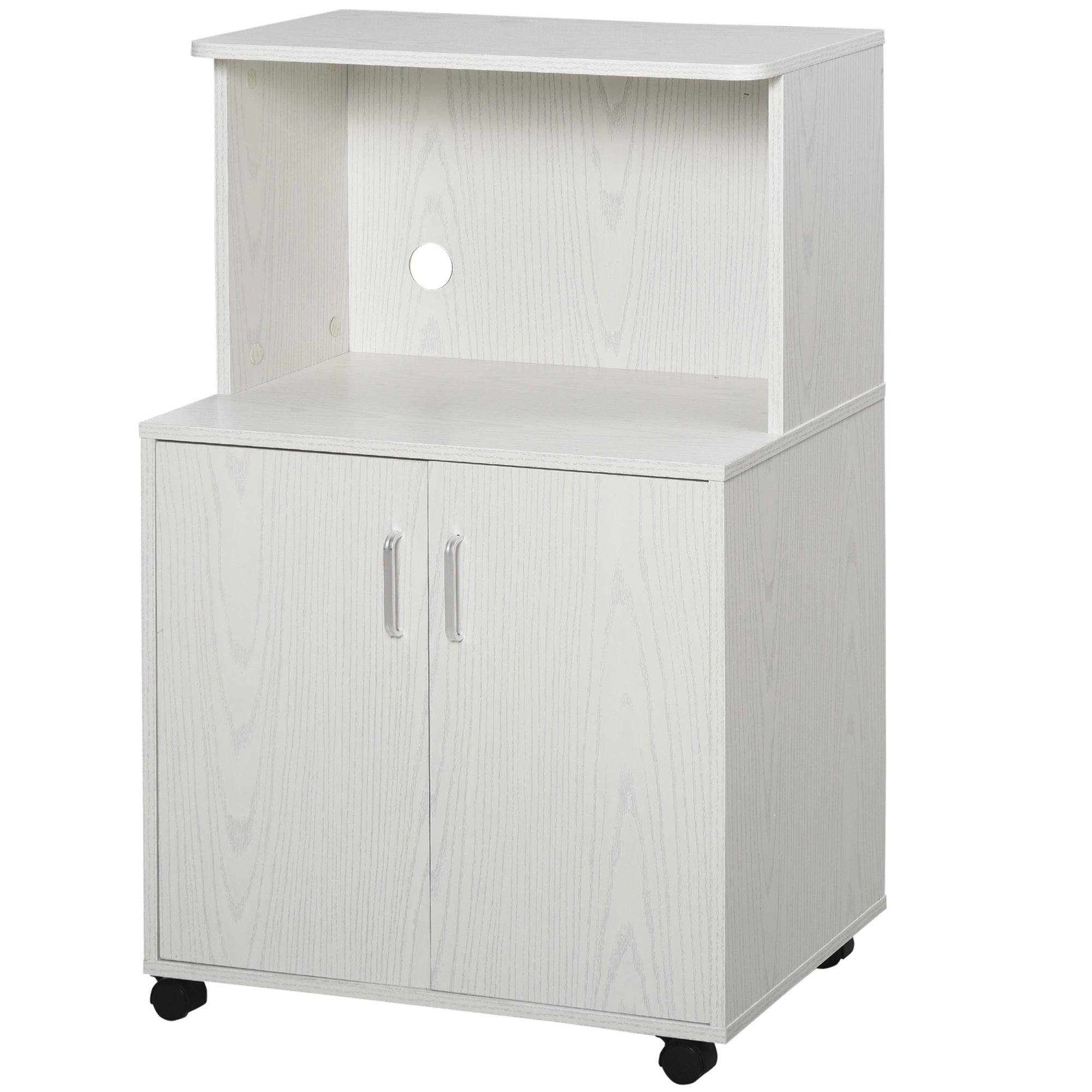 Microwave Cart on Wheels Utility Trolley Storage Sideboard Bookcase with 2-door Cabinet, White Oak Kitchen Pantry Cabinets   at Gallery Canada