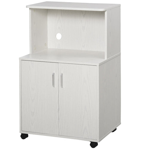 Microwave Cart on Wheels Utility Trolley Storage Sideboard Bookcase with 2-door Cabinet, White Oak