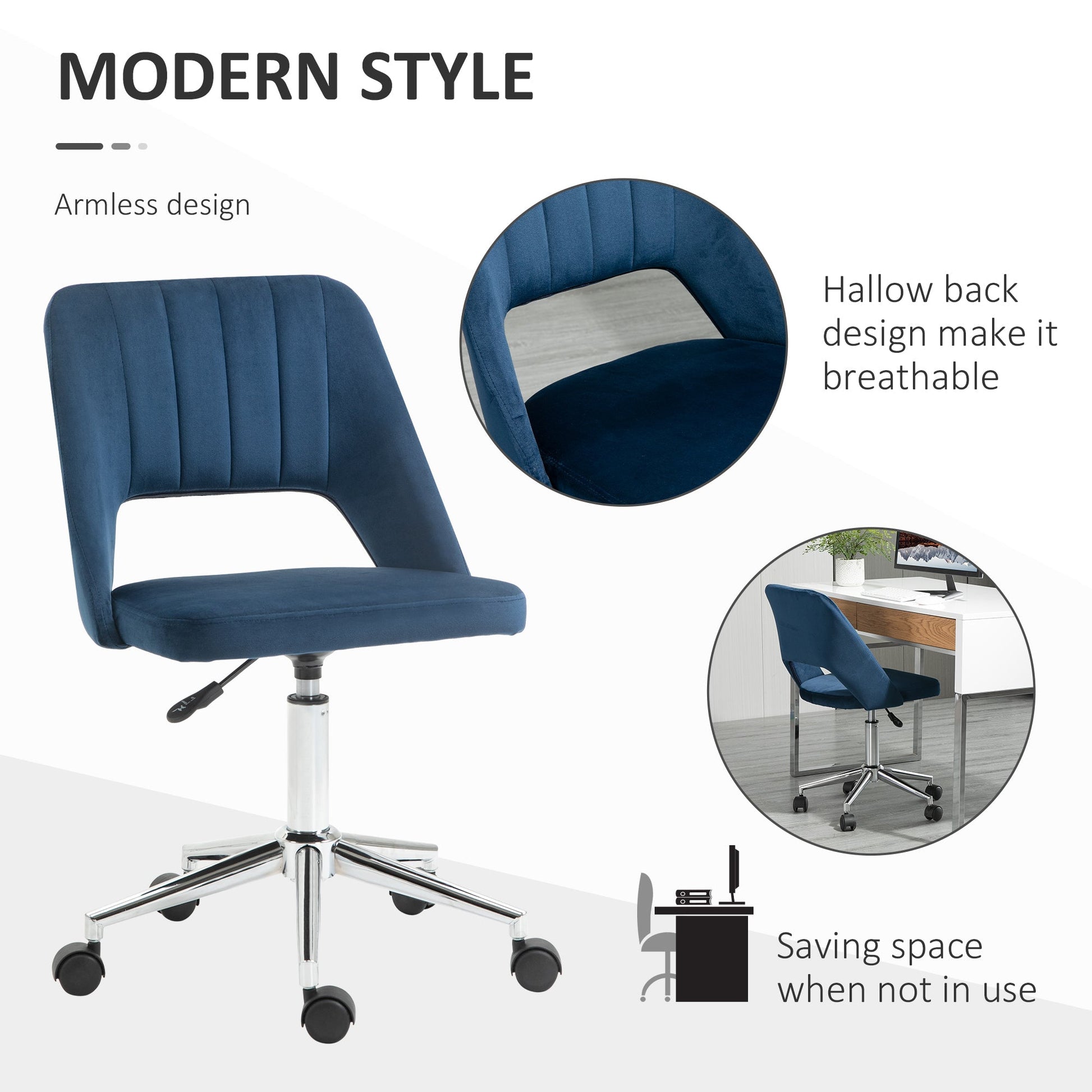 Mid Back Office Chair Velvet Fabric Swivel Scallop Shape Computer Desk Chair, Blue - Gallery Canada