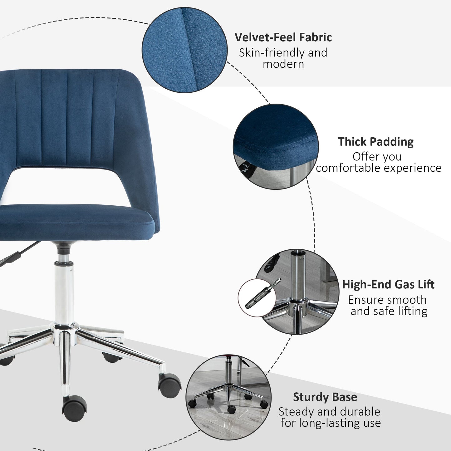 Mid Back Office Chair Velvet Fabric Swivel Scallop Shape Computer Desk Chair, Blue - Gallery Canada