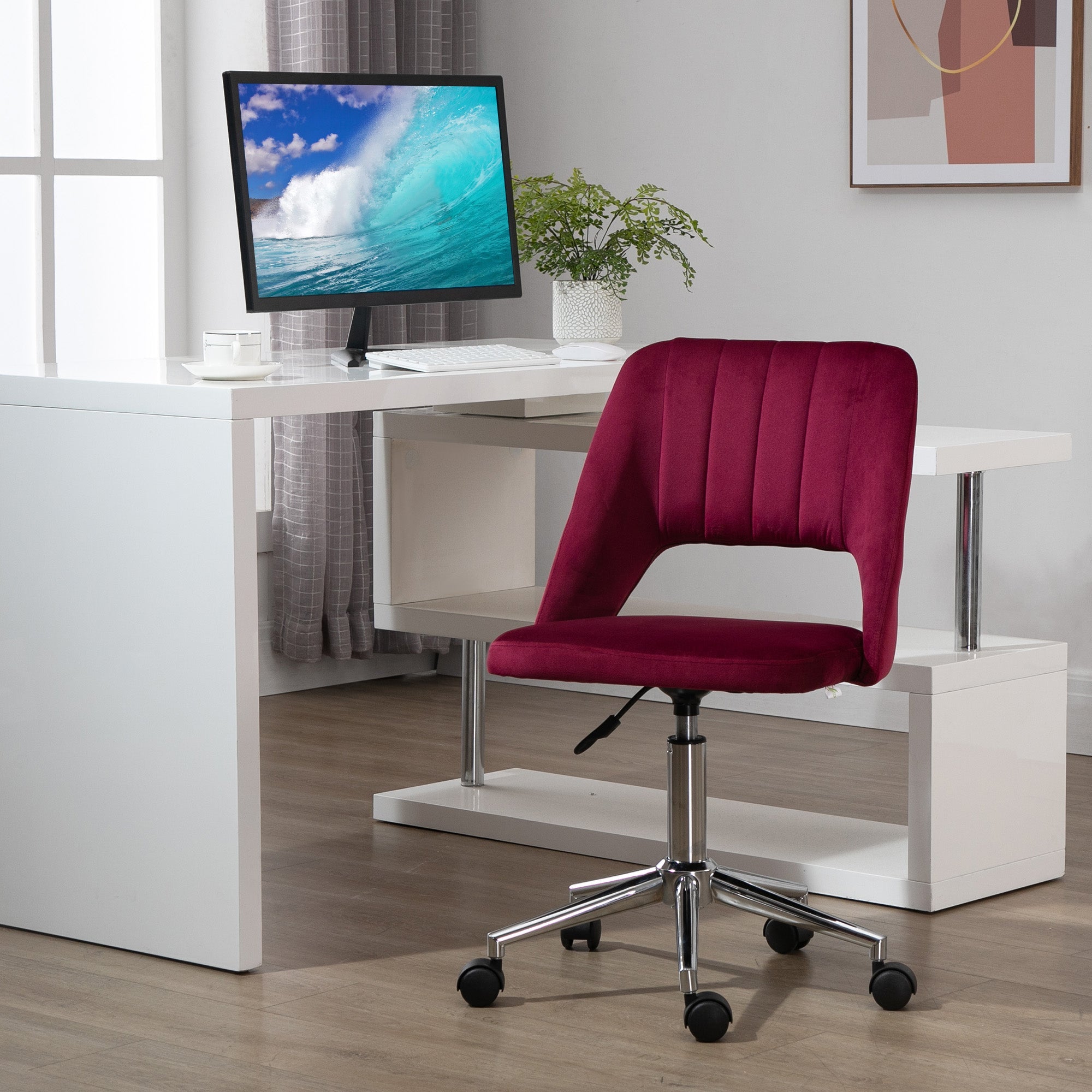 Mid Back Office Chair Velvet Fabric Swivel Scallop Shape Computer Desk Chair, Red Task Chairs   at Gallery Canada