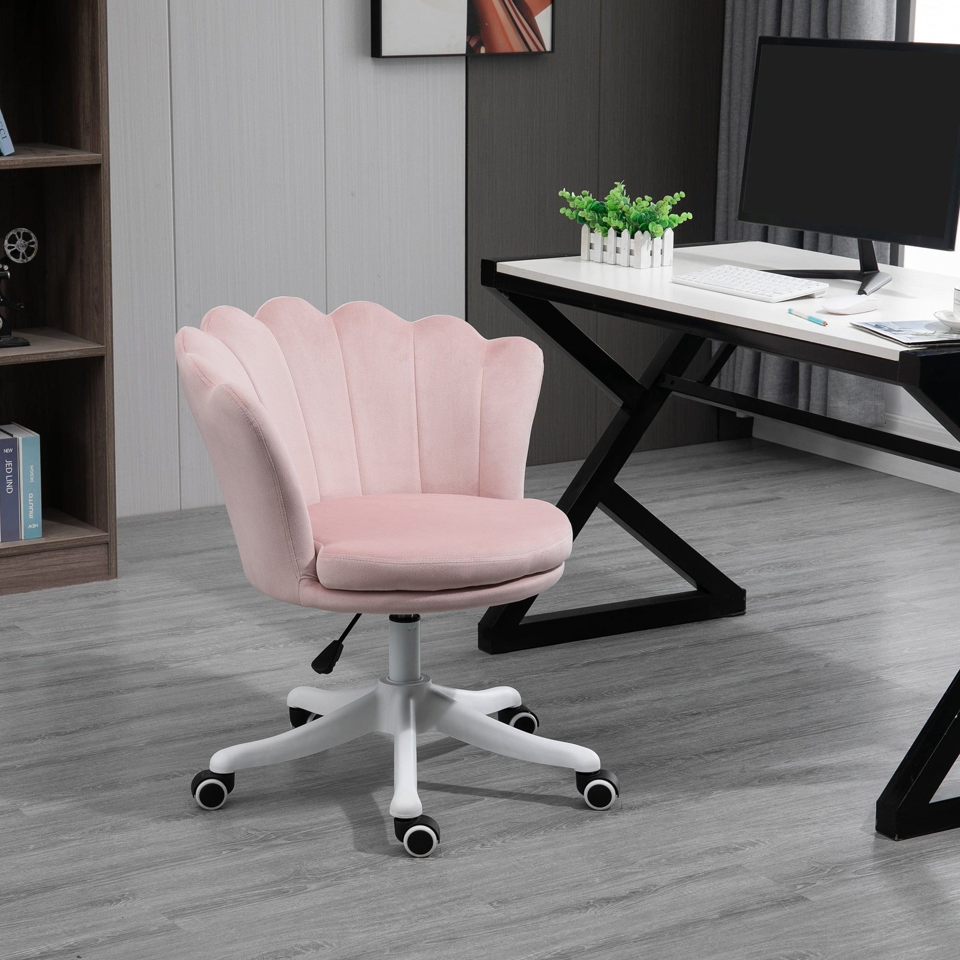 Mid Back Velvet Office Chair, Adjustable Height Study Chair, Vanity Chair with Swivel Wheels for Living Room, Study, Pink Task Chairs   at Gallery Canada