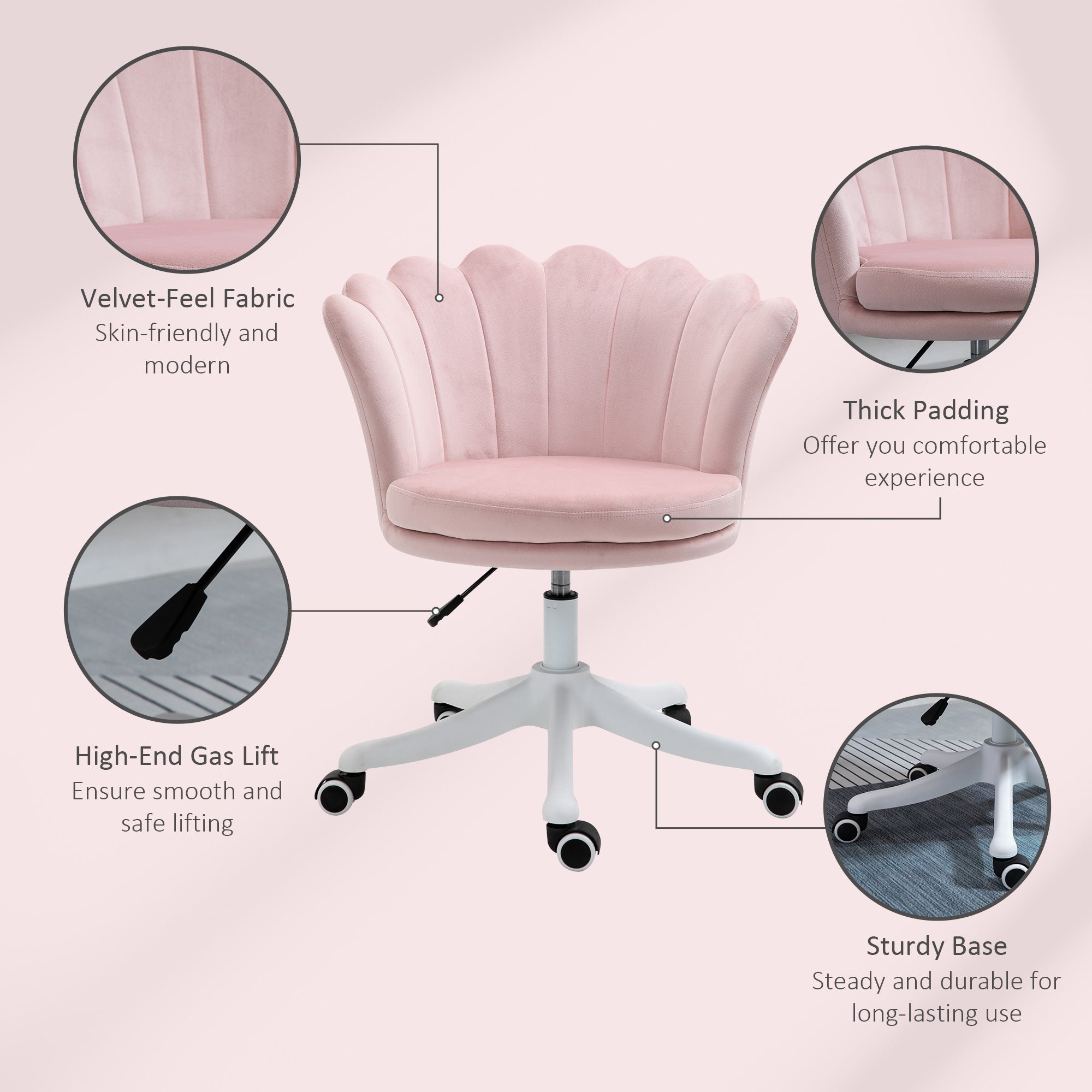 Mid Back Velvet Office Chair, Adjustable Height Study Chair, Vanity Chair with Swivel Wheels for Living Room, Study, Pink Task Chairs   at Gallery Canada