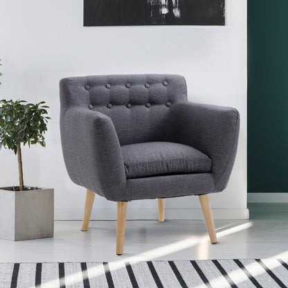 Mid-Century Modern Accent Chair, Linen Upholstery Armchair, Tufted Club Chair with Wood Frame and Thick Padding, Dark Grey Accent Chairs   at Gallery Canada