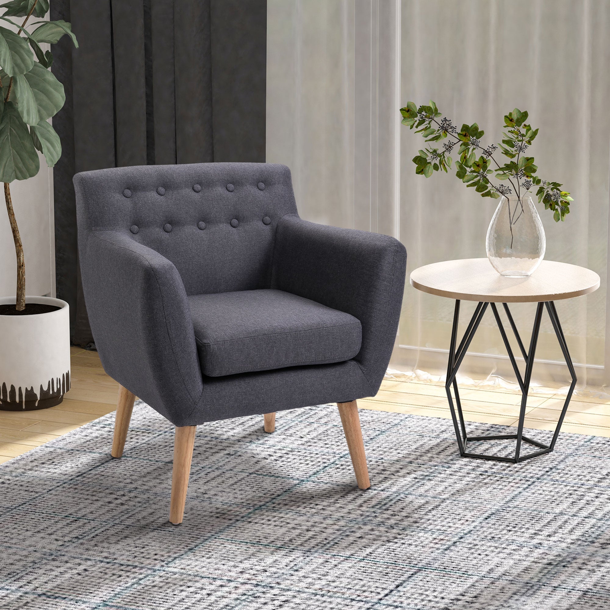 Mid-Century Modern Accent Chair, Linen Upholstery Armchair, Tufted Club Chair with Wood Frame and Thick Padding, Dark Grey Accent Chairs   at Gallery Canada