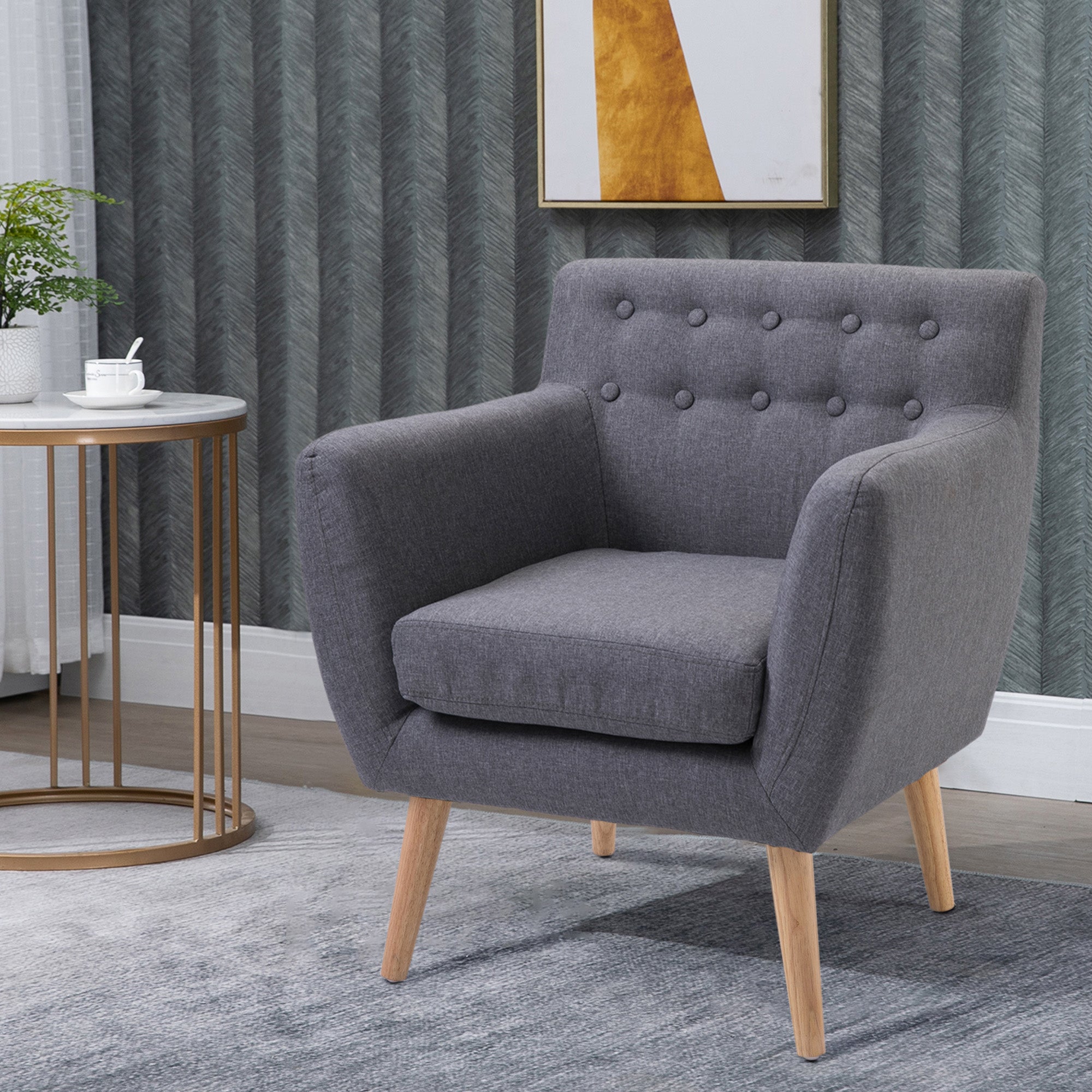 Mid-Century Modern Accent Chair, Linen Upholstery Armchair, Tufted Club Chair with Wood Frame and Thick Padding, Light Grey Accent Chairs   at Gallery Canada