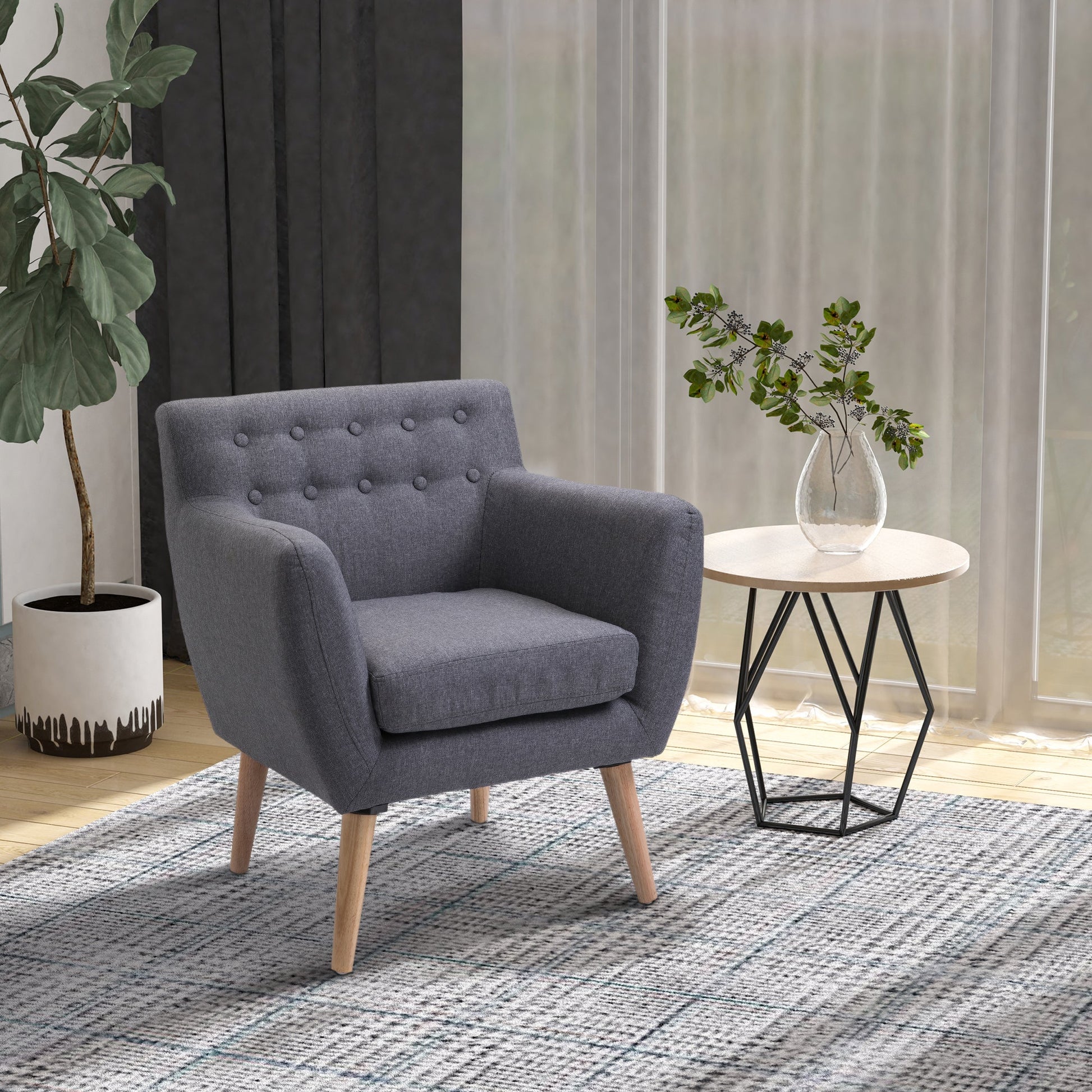 Mid-Century Modern Accent Chair, Linen Upholstery Armchair, Tufted Club Chair with Wood Frame and Thick Padding, Light Grey Accent Chairs   at Gallery Canada