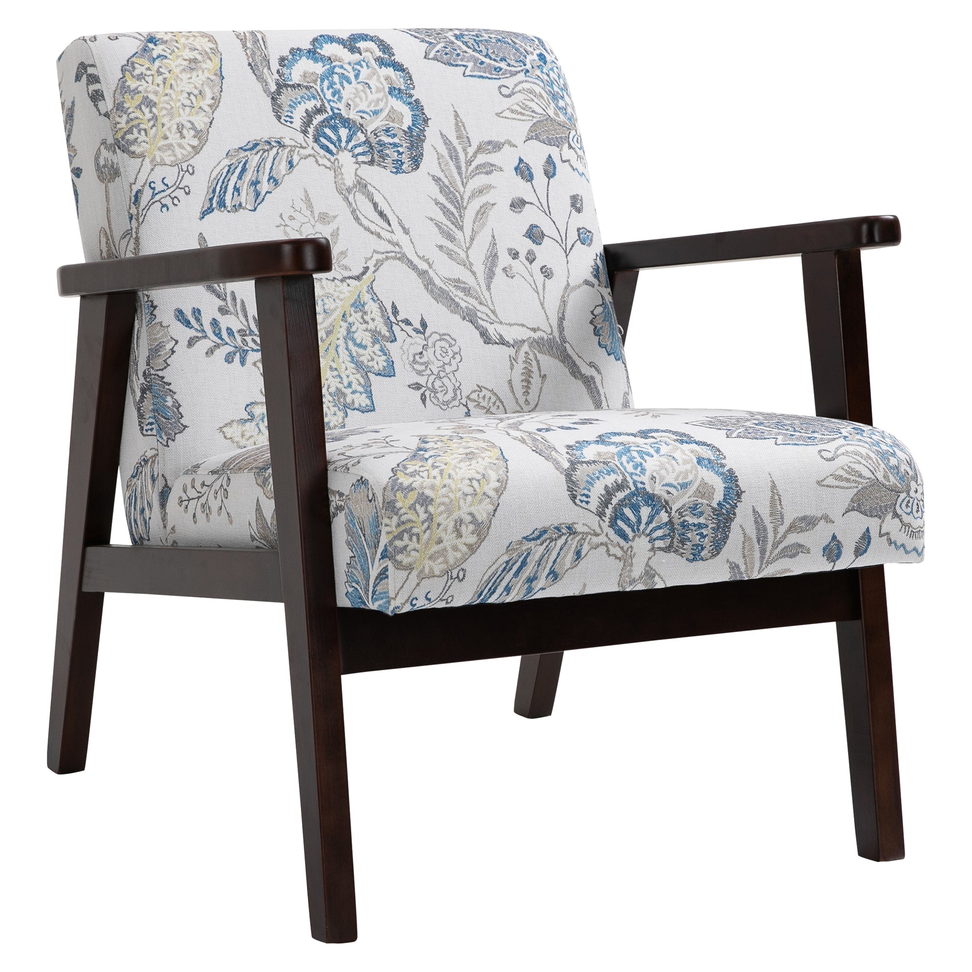 Mid-Century Modern Accent Chair, Retro Fabric Armchair, Wooden Arm Upholstered Linen Lounge Chair for Living Room Accent Chairs Flower Pattern  at Gallery Canada