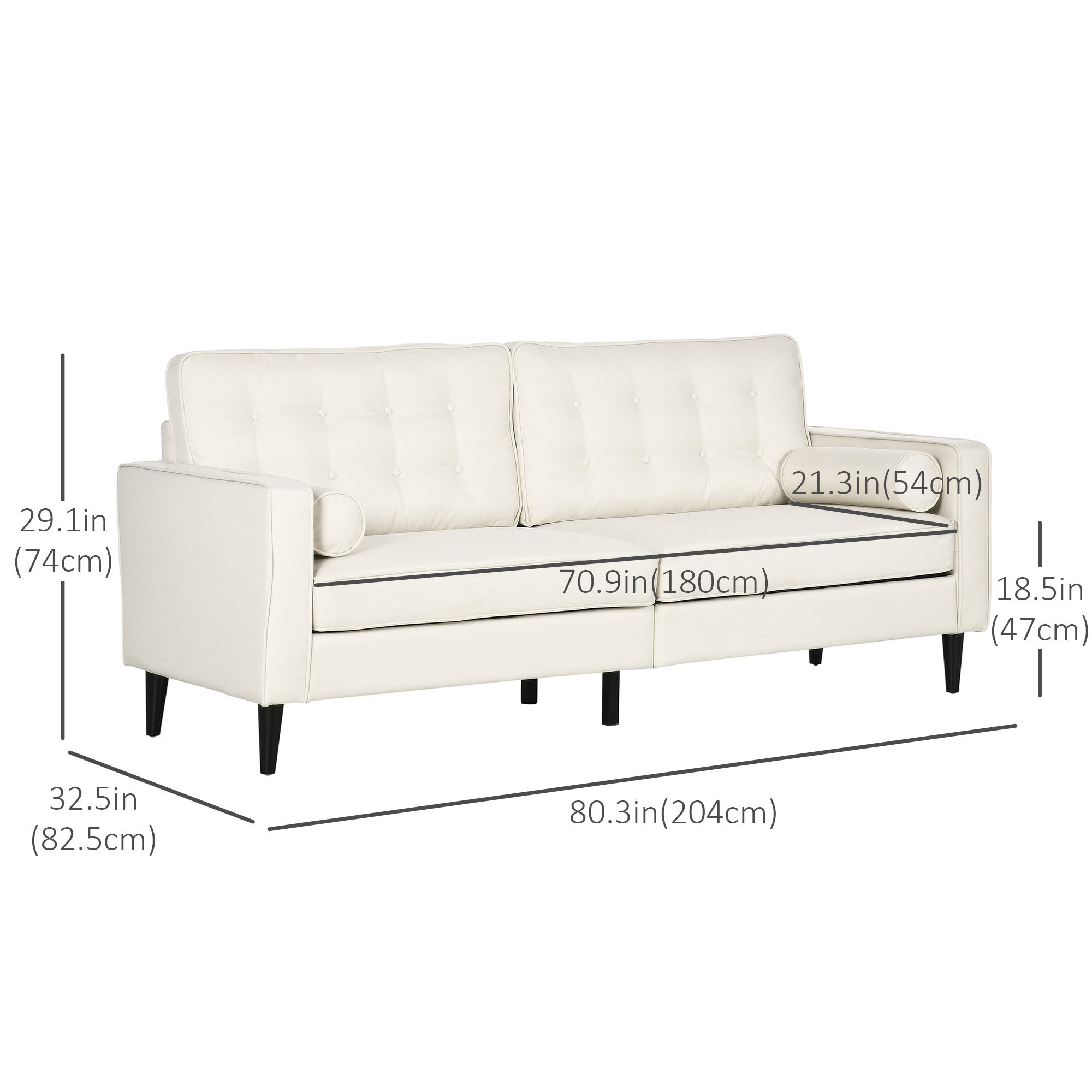 Mid-Century Sofa, Couch with Button-Tufted Back Cushion, Velvet Feel Fabric Upholstery, 2 Cylindrical Pillows and Rubber Wood Legs, Cream White 3-Seater Sofas Cream  at Gallery Canada