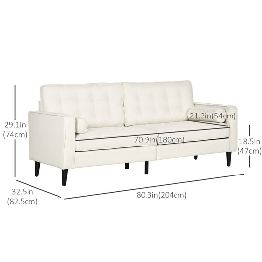 Mid-Century Sofa, Couch with Button-Tufted Back Cushion, Velvet Feel Fabric Upholstery, 2 Cylindrical Pillows and Rubber Wood Legs, Cream White 3-Seater Sofas Cream  at Gallery Canada