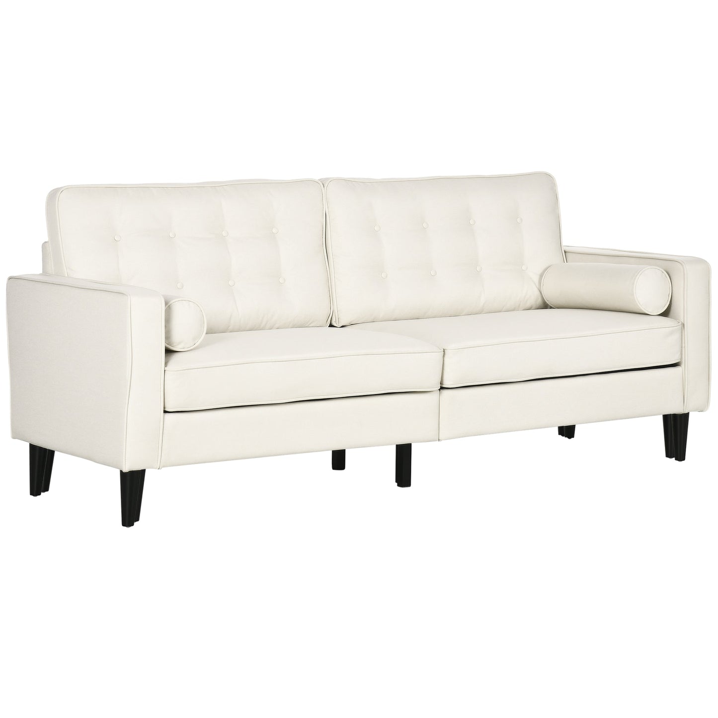 Mid-Century Sofa, Couch with Button-Tufted Back Cushion, Velvet Feel Fabric Upholstery, 2 Cylindrical Pillows and Rubber Wood Legs, Cream White 3-Seater Sofas   at Gallery Canada