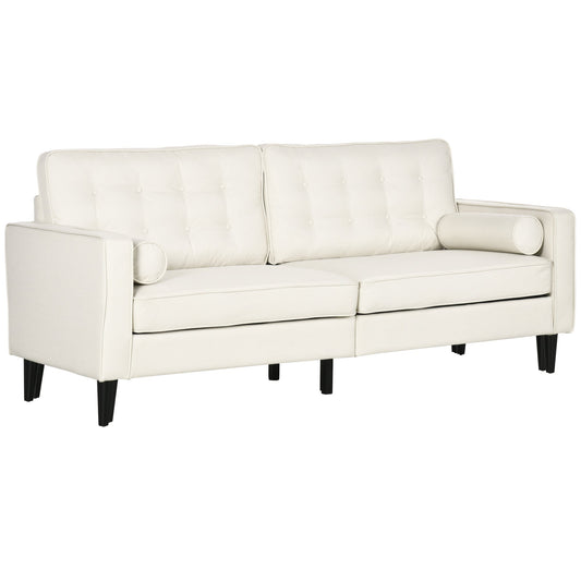 Mid-Century Sofa, Couch with Button-Tufted Back Cushion, Velvet Feel Fabric Upholstery, 2 Cylindrical Pillows and Rubber Wood Legs, Cream White 3-Seater Sofas Cream  at Gallery Canada