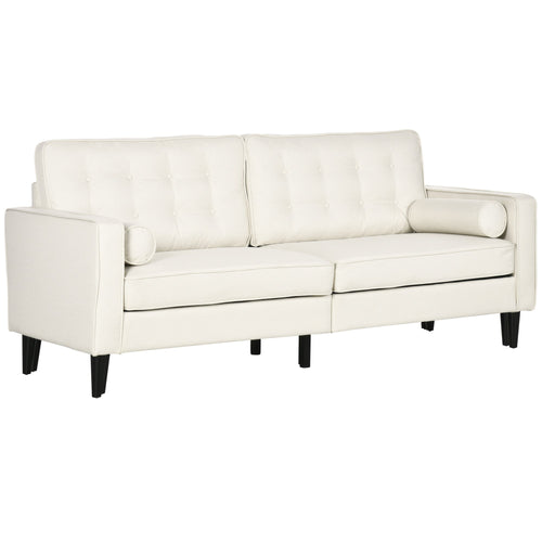 Mid-Century Sofa, Couch with Button-Tufted Back Cushion, Velvet Feel Fabric Upholstery, 2 Cylindrical Pillows and Rubber Wood Legs, Cream White