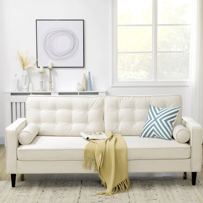 Mid-Century Sofa, Couch with Button-Tufted Back Cushion, Velvet Feel Fabric Upholstery, 2 Cylindrical Pillows and Rubber Wood Legs, Cream White 3-Seater Sofas   at Gallery Canada