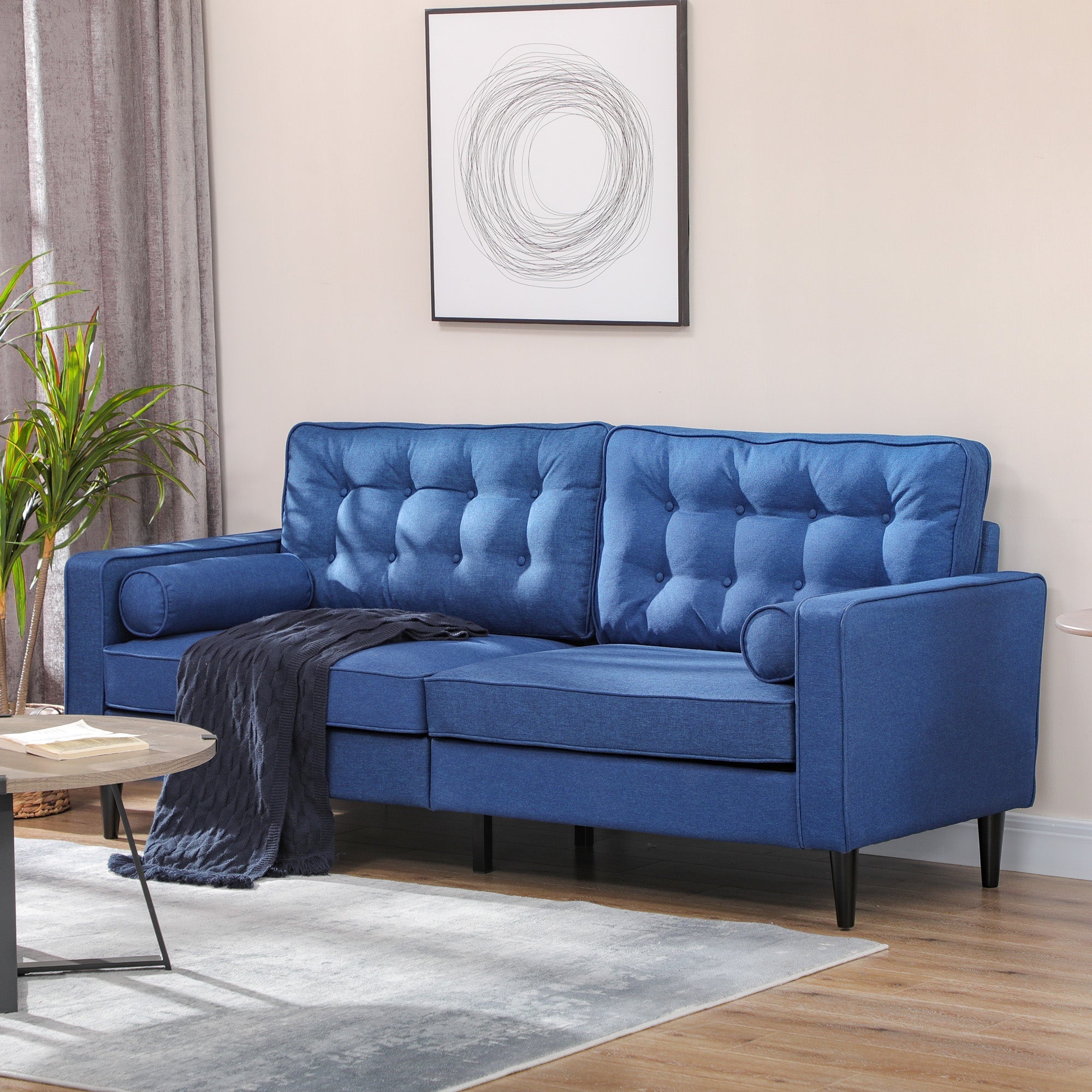 Mid-Century Sofa, Couch with Button-Tufted Back Cushion, Velvet Feel Fabric Upholstery, 2 Cylindrical Pillows and Rubber Wood Legs, Dark Blue 3-Seater Sofas   at Gallery Canada