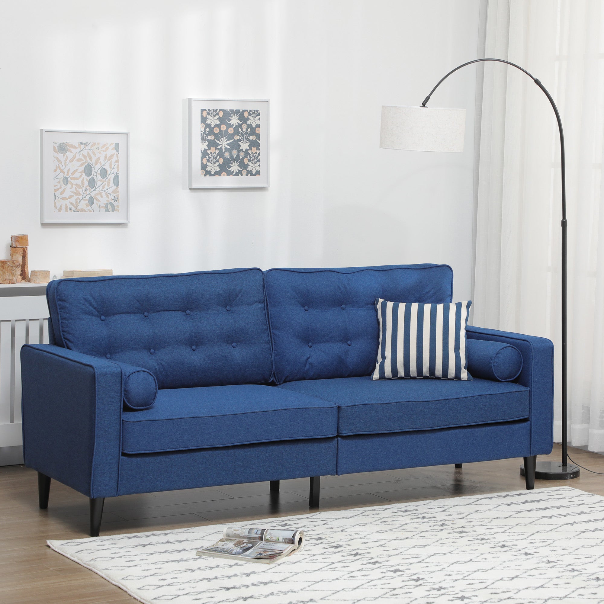 Mid-Century Sofa, Couch with Button-Tufted Back Cushion, Velvet Feel Fabric Upholstery, 2 Cylindrical Pillows and Rubber Wood Legs, Dark Blue 3-Seater Sofas   at Gallery Canada