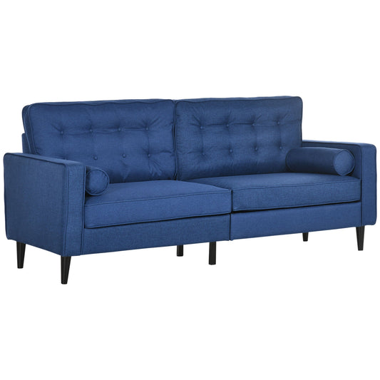 Mid-Century Sofa, Couch with Button-Tufted Back Cushion, Velvet Feel Fabric Upholstery, 2 Cylindrical Pillows and Rubber Wood Legs, Dark Blue 3-Seater Sofas Dark Blue  at Gallery Canada