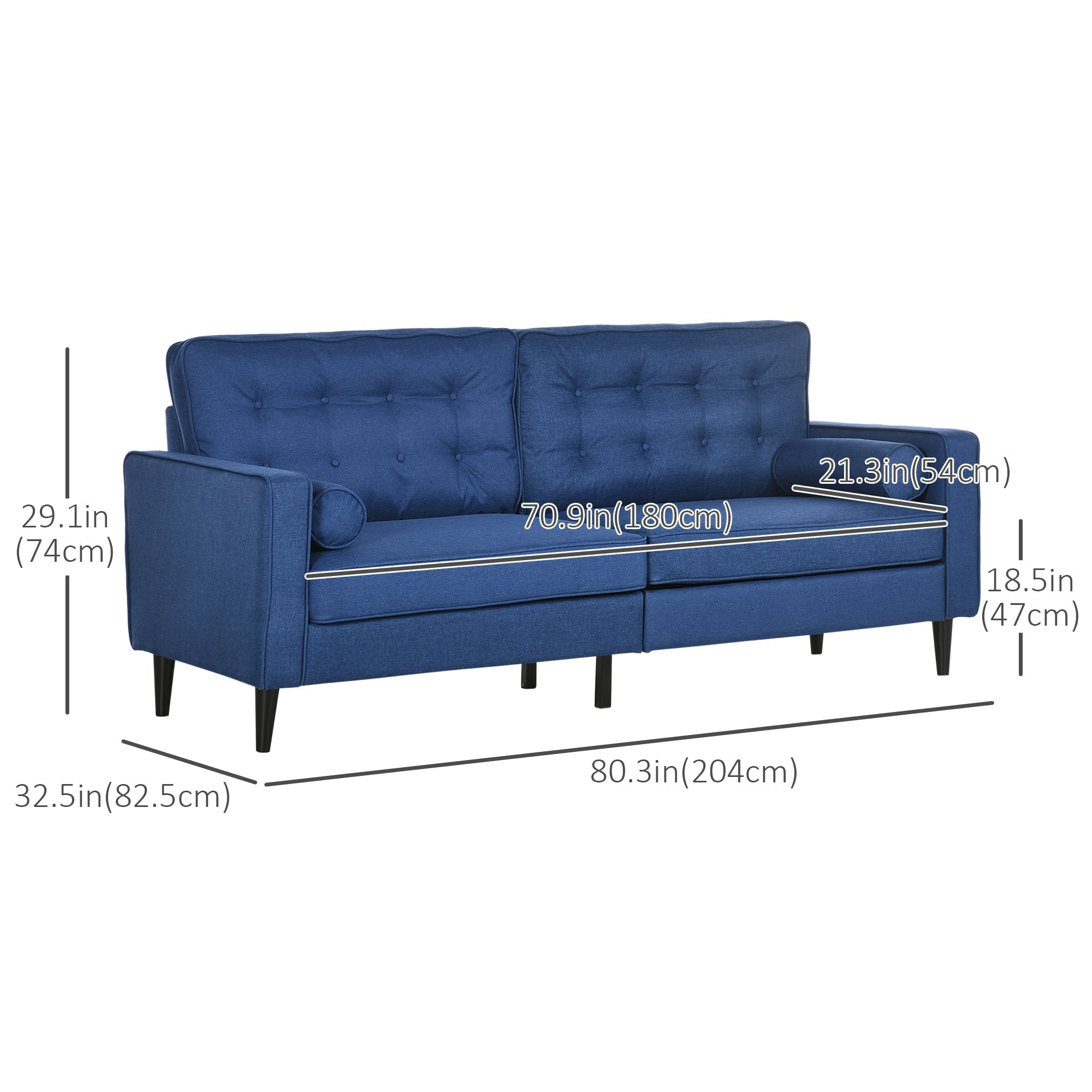 Mid-Century Sofa, Couch with Button-Tufted Back Cushion, Velvet Feel Fabric Upholstery, 2 Cylindrical Pillows and Rubber Wood Legs, Dark Blue 3-Seater Sofas   at Gallery Canada