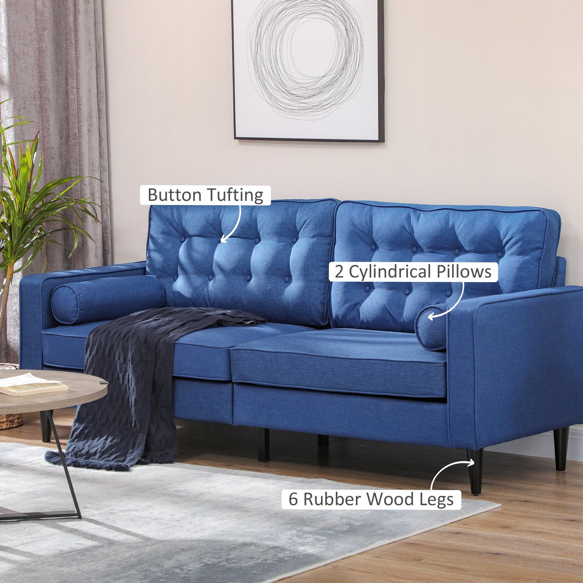 Mid-Century Sofa, Couch with Button-Tufted Back Cushion, Velvet Feel Fabric Upholstery, 2 Cylindrical Pillows and Rubber Wood Legs, Dark Blue 3-Seater Sofas   at Gallery Canada