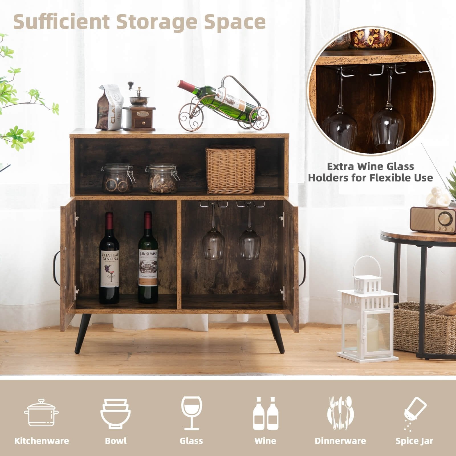 Mid-century Wooden Storage Cabinet Wine Glass Holders, Rustic Brown Sideboards Cabinets & Buffets   at Gallery Canada