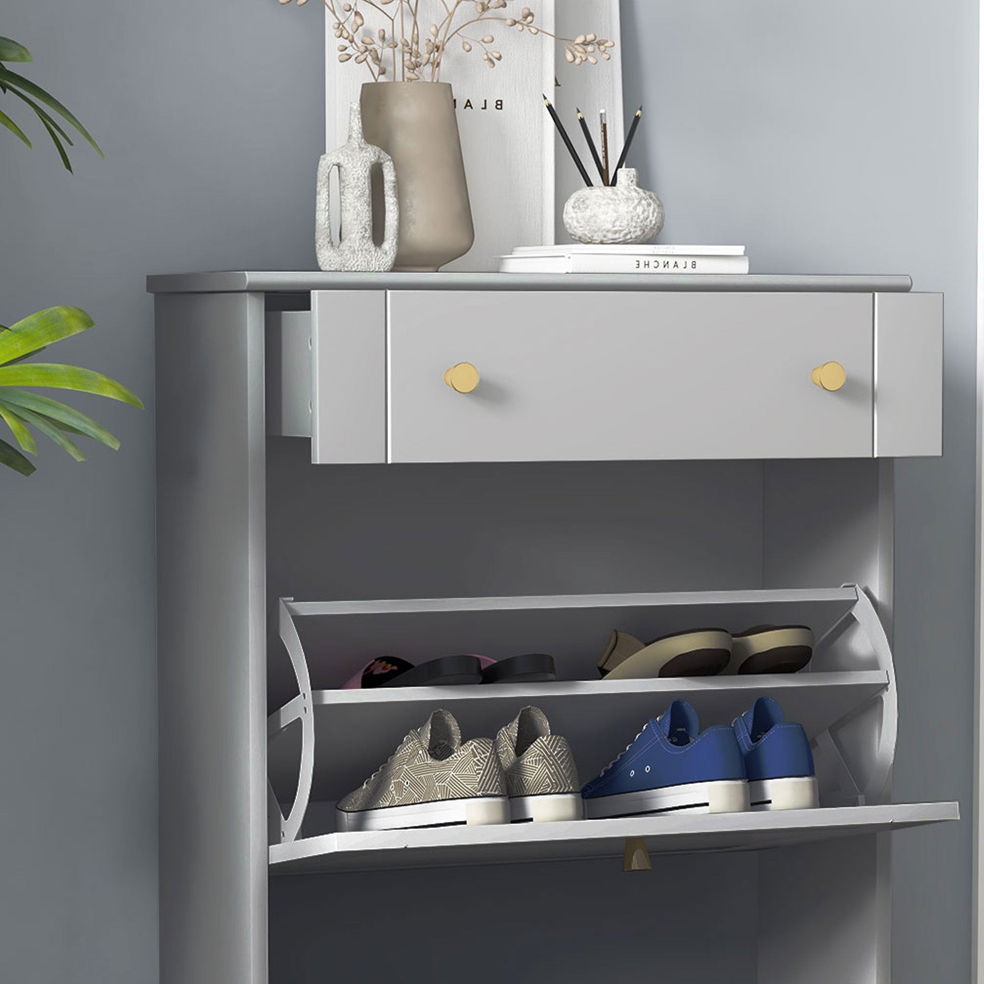 Slim Shoe Storage with 2 Flip Drawers and Adjustable Shelves Shoe Cabinet Organizer for 8 Pair, Grey Shoe Storage Cabinets & Racks   at Gallery Canada