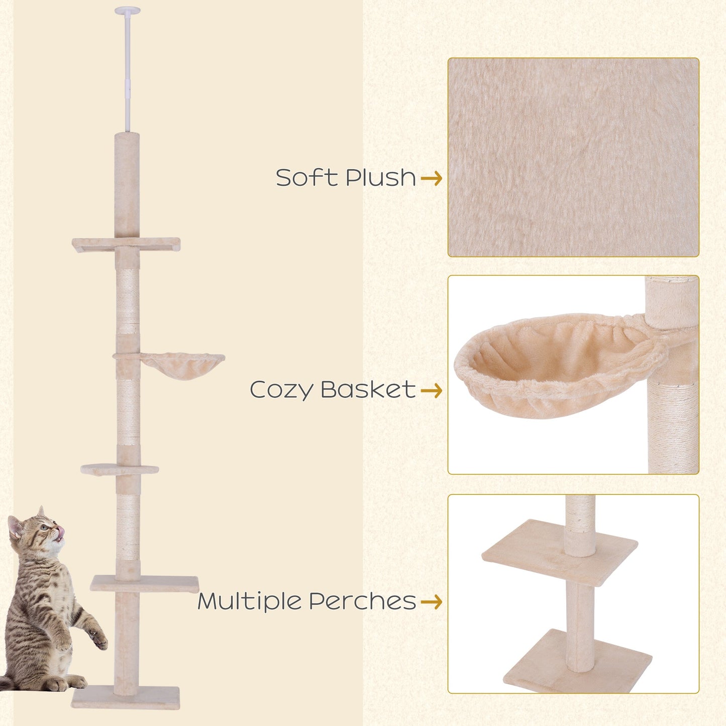 8.5ft Cat Climbing Tree 5-Tier Kitty Activity Center with Scratching Post Beige Floor to Ceiling Cat Trees   at Gallery Canada