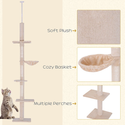 8.5ft Cat Climbing Tree 5-Tier Kitty Activity Center with Scratching Post Beige Floor to Ceiling Cat Trees   at Gallery Canada