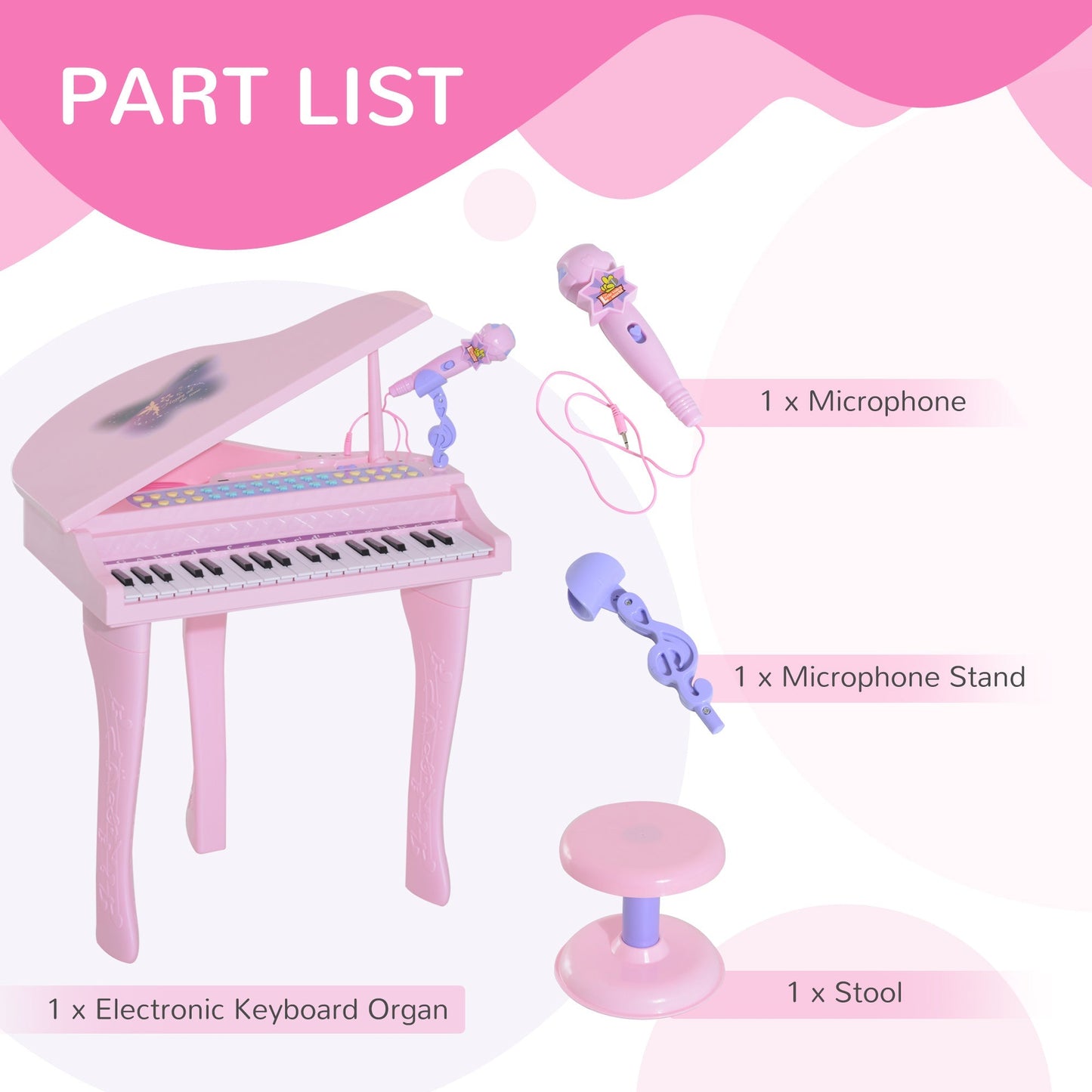 Mini Electronic Musical Piano 37 Key Keyboard Multifunction Kids Toy with Microphone Stool (Pink) - Gallery Canada