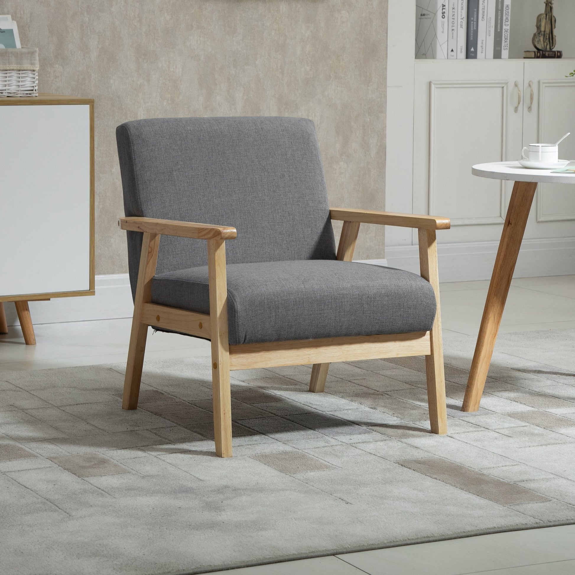 Minimalistic Accent Chairs Wood Frame w/ Thick Linen Cushions Wide Seat Armchair for Bedroom Office, Grey Accent Chairs   at Gallery Canada