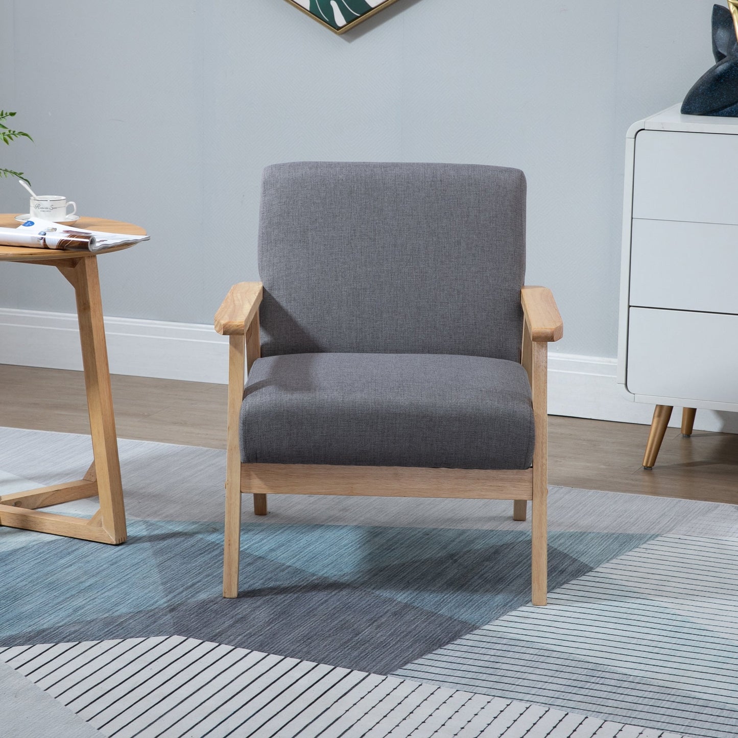 Minimalistic Accent Chairs Wood Frame w/ Thick Linen Cushions Wide Seat Armchair for Bedroom Office, Grey Accent Chairs   at Gallery Canada