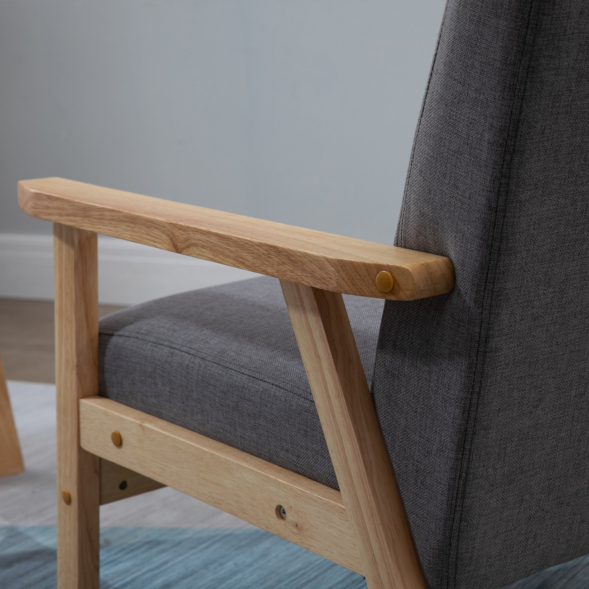 Minimalistic Accent Chairs Wood Frame w/ Thick Linen Cushions Wide Seat Armchair for Bedroom Office, Grey Accent Chairs   at Gallery Canada