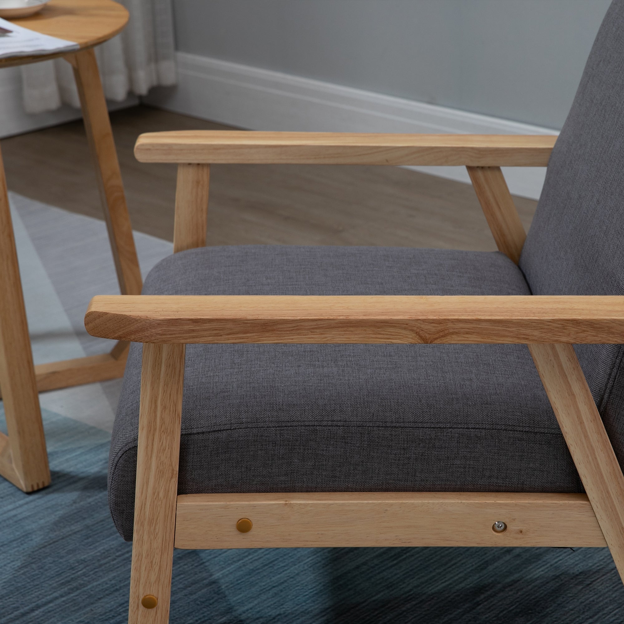 Minimalistic Accent Chairs Wood Frame w/ Thick Linen Cushions Wide Seat Armchair for Bedroom Office, Grey Accent Chairs   at Gallery Canada