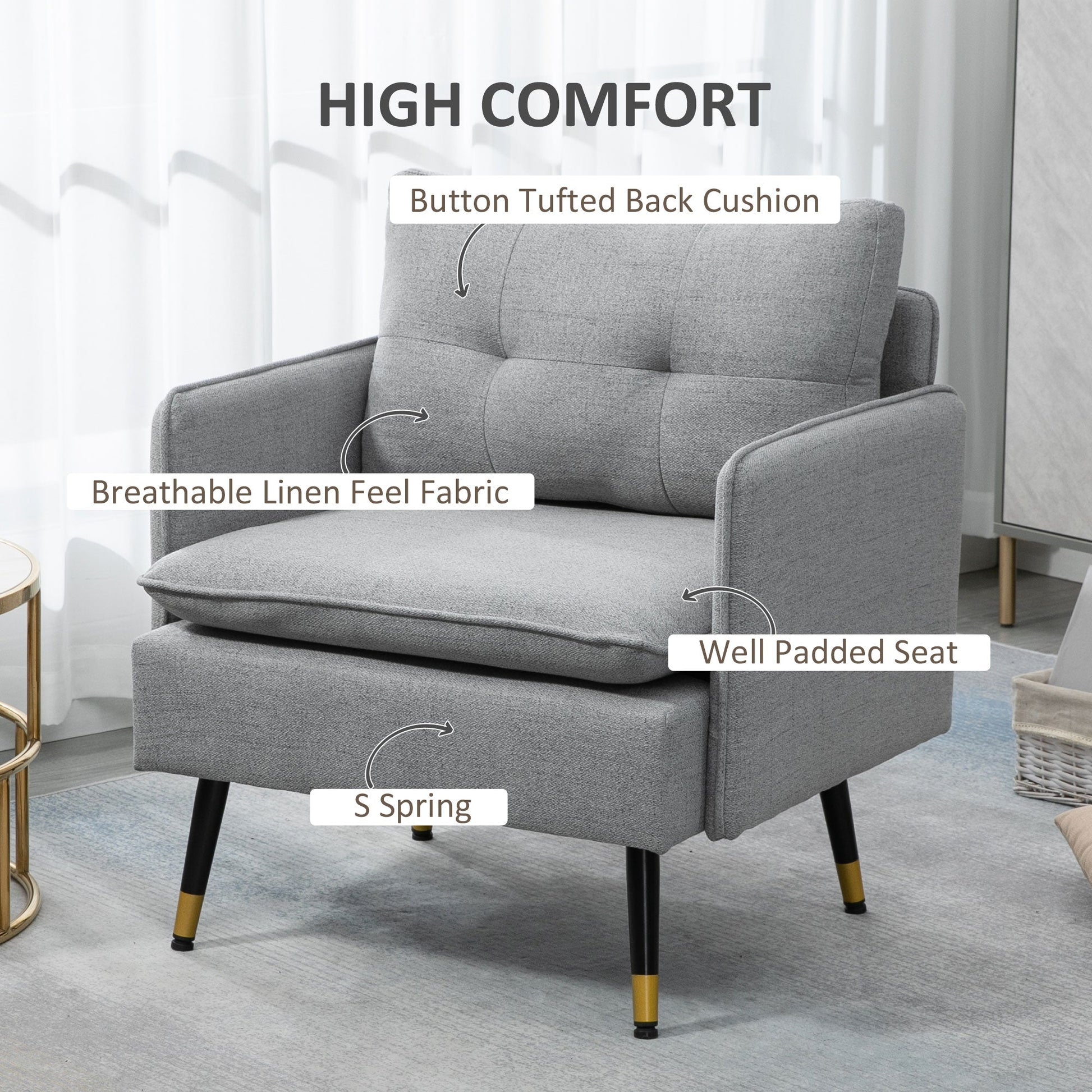 Accent Chair with Cushioned Seat and Back, Upholstered Fabric Armchair for Bedroom, Button Tufted Living Room Chair with Arms and Steel Legs, Grey Accent Chairs   at Gallery Canada