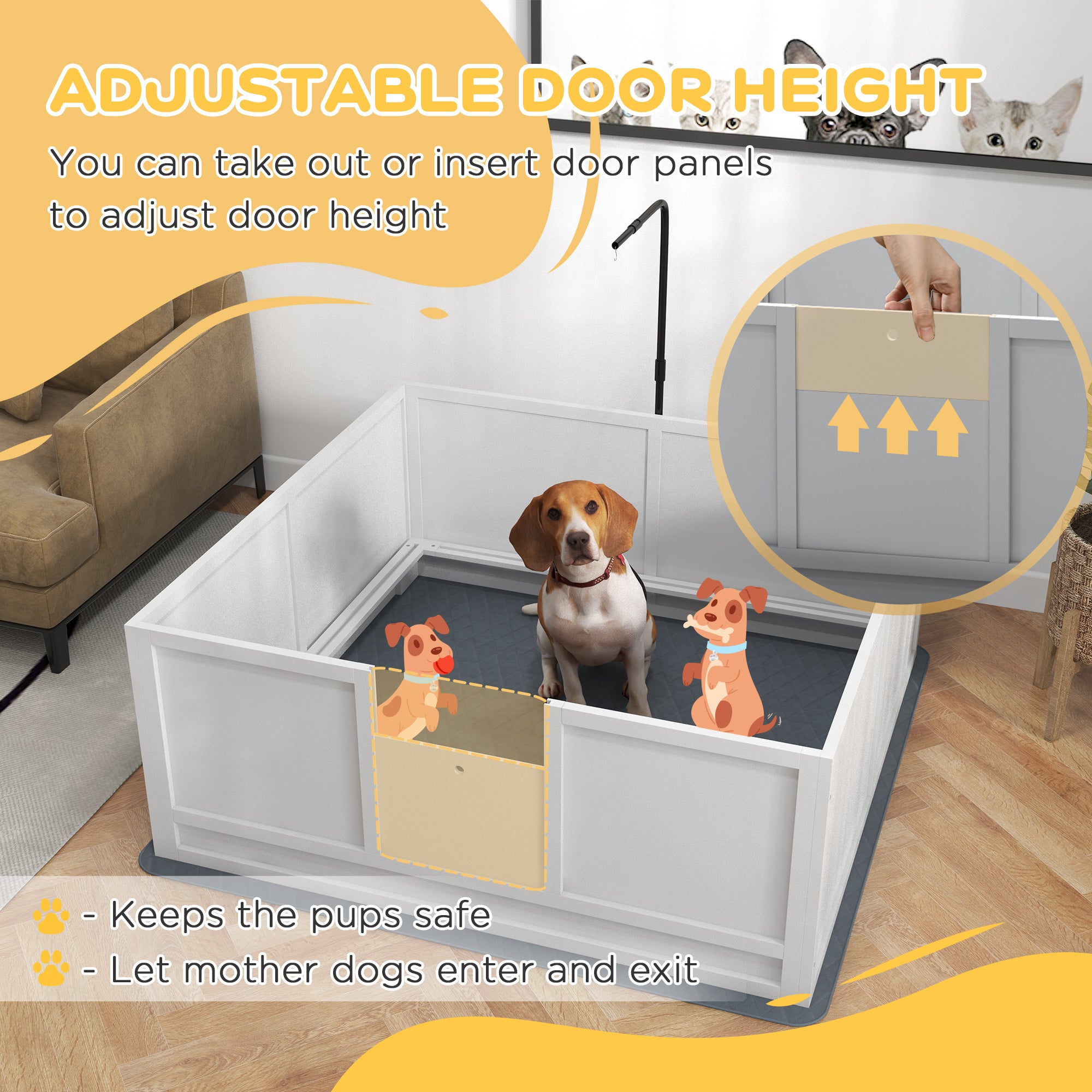 Whelping Box for Dogs with Retractable Light Stand, Waterproof Pad, Rail, Adjustable Height Door, 49