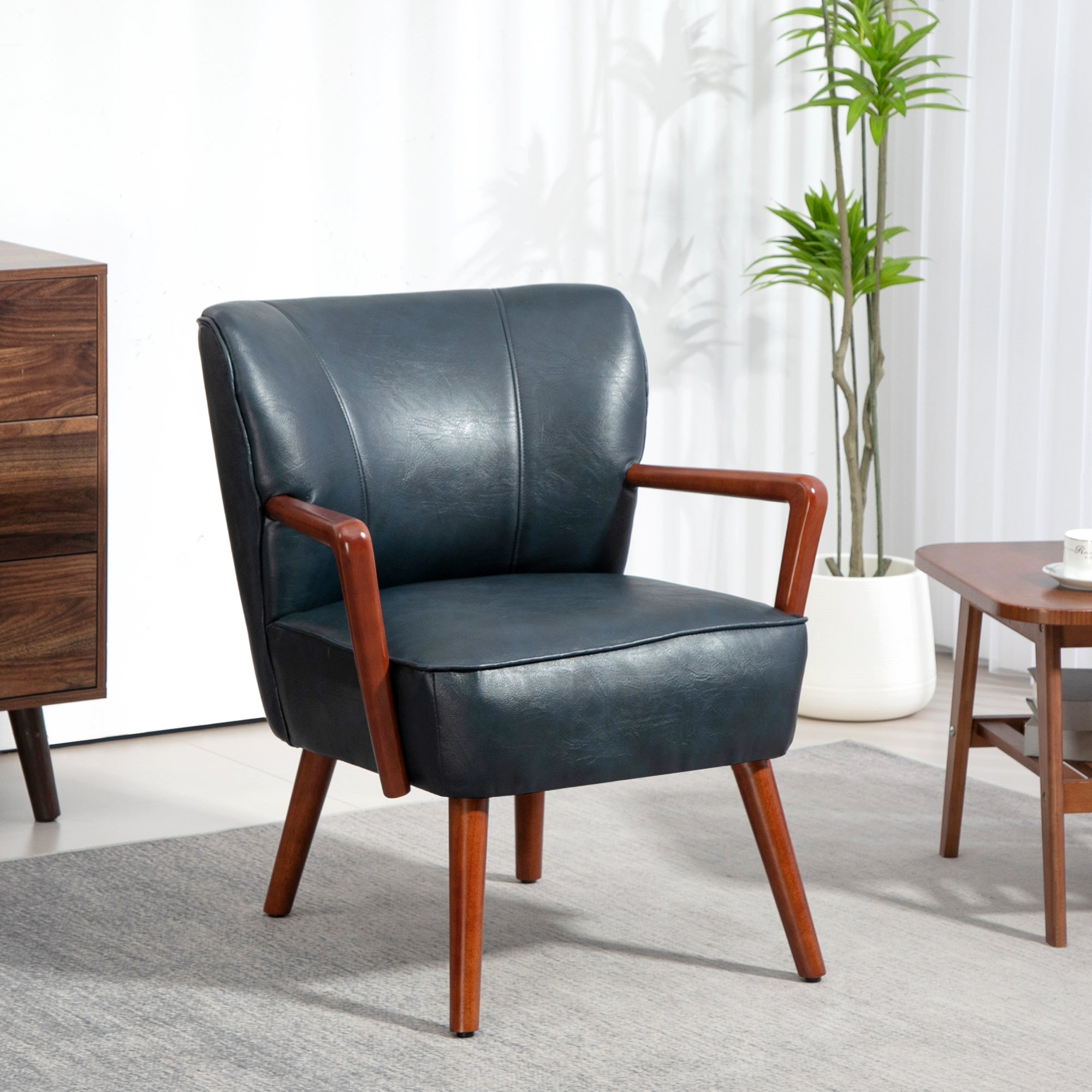 Accent Chair, Modern Armchair, Faux Leather Upholstered Living Room Chair with Wood Legs and Wide Padded Seat, Blue Accent Chairs Blue  at Gallery Canada