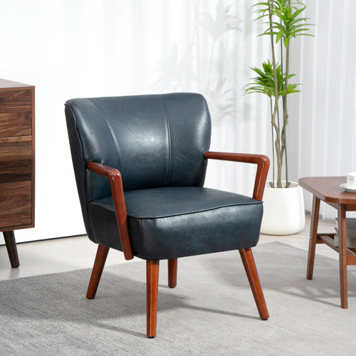 Accent Chair, Modern Armchair, Faux Leather Upholstered Living Room Chair with Wood Legs and Wide Padded Seat, Blue