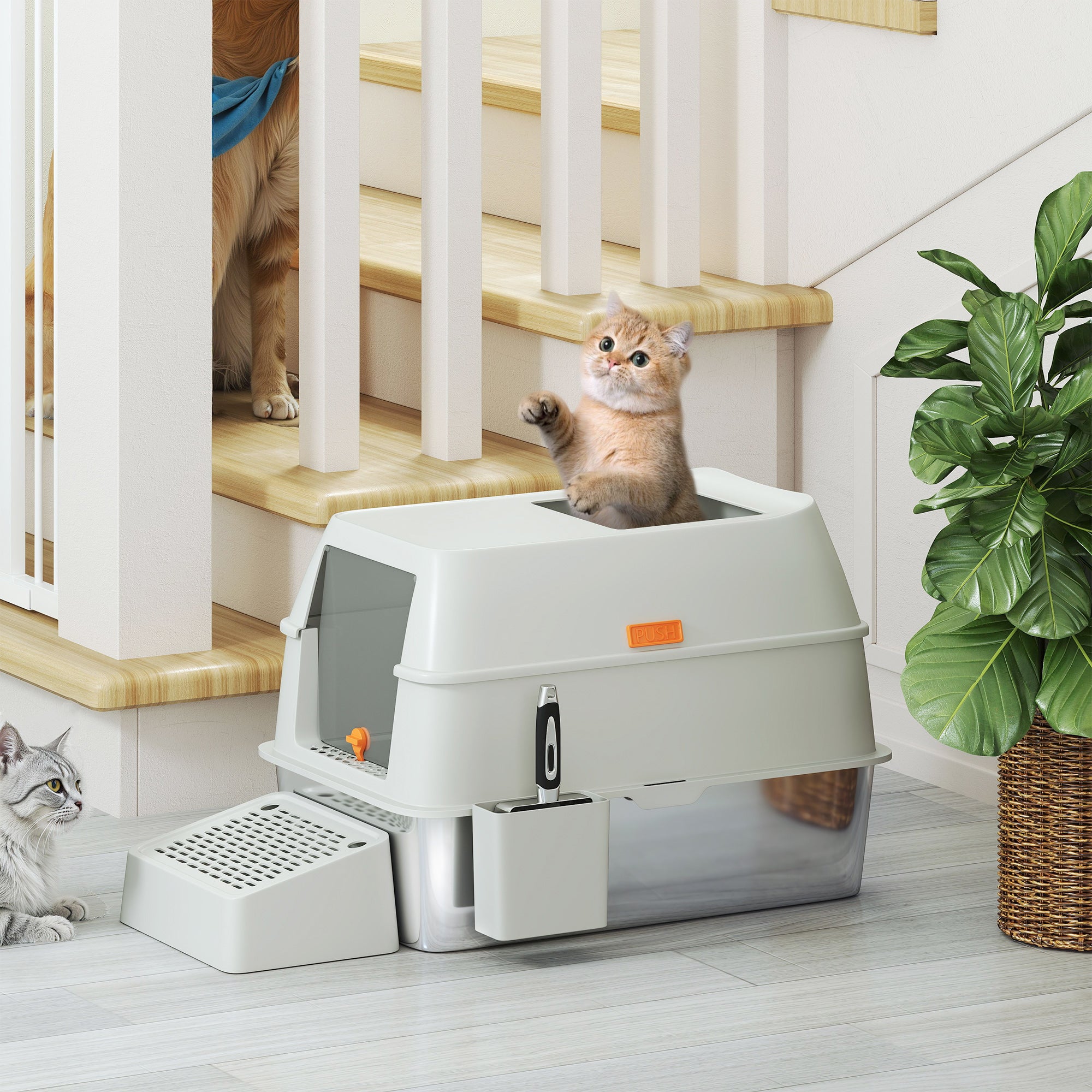 Stainless Steel Cat Litter Box with Lid, High Sided, Scoop, Easy Clean, Non-Sticky &; Anti-Leakage, Light Grey Cat Litter Box Enclosures at Gallery Canada