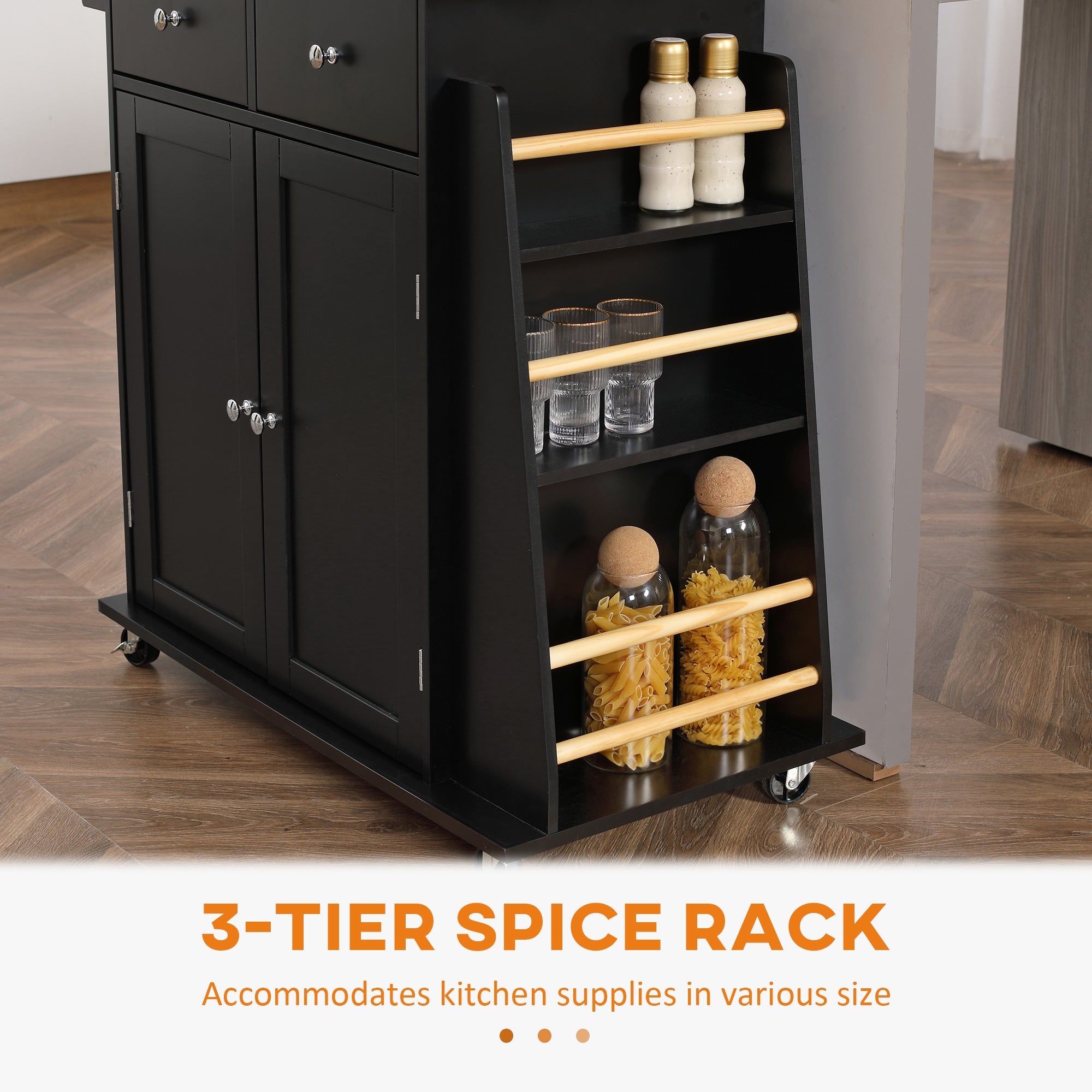 Rolling Kitchen Island Trolley Storage Cart with Rubber Wood Top, 3-Tier Spice Rack, Towel Rack Home Kitchen Carts, Black Kitchen Islands & Kitchen Carts   at Gallery Canada