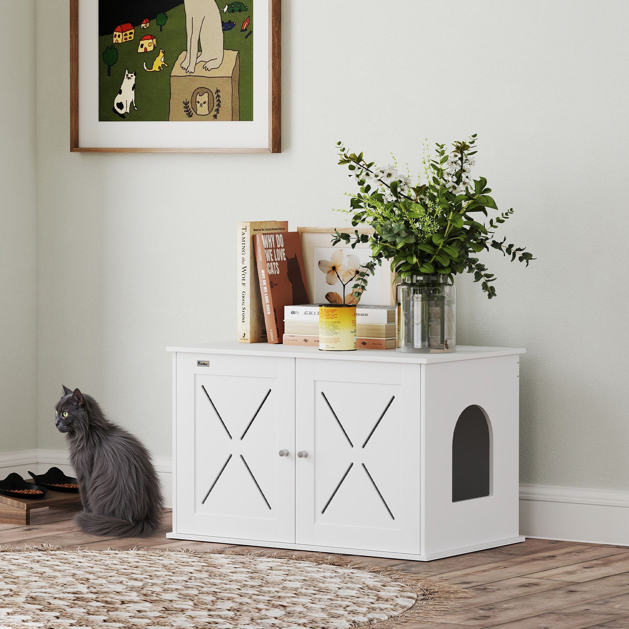 Hidden Cat Litter Box Enclosure with Double Doors, Hole, Pet House Side End Table, 31.5